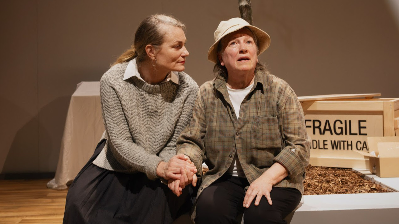 Kuvassa ovat istumassa vierekkäin käsi kädessä vasemmalla Jonna Järnefelt ja vieressään Eija Ahvo. Heillä on ruskea harmahtavat vaatteet ja Ahvolla on valkoinen hattu päässään. Taustalla on ruskeaa seinää.