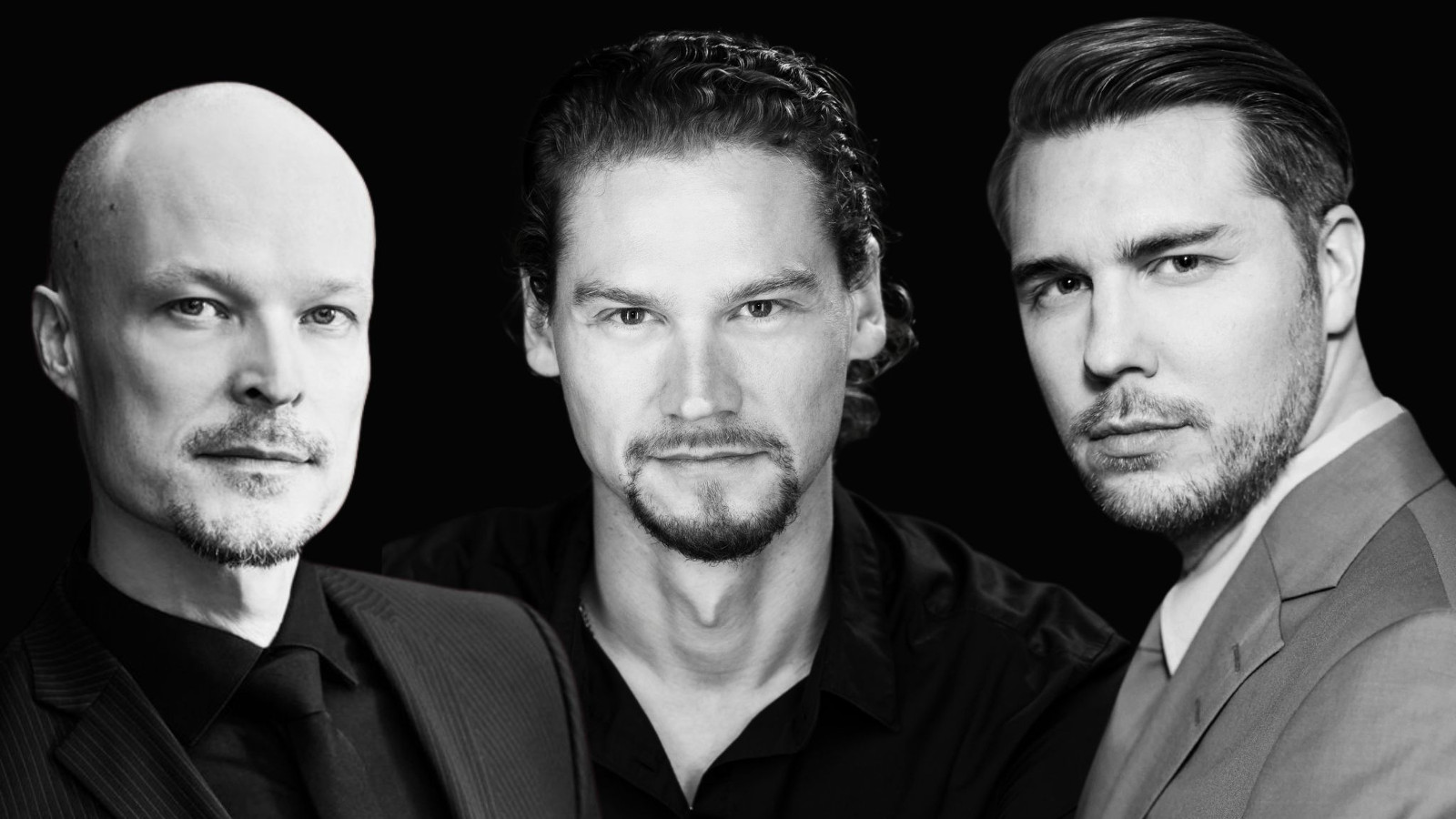 Kuvassa on vasemmalta Ville Rusasen, Kristian Lindroos ja Aarne Pelkonen kasvokuvissa kollaasina. Kuva on musta-valkoinen.