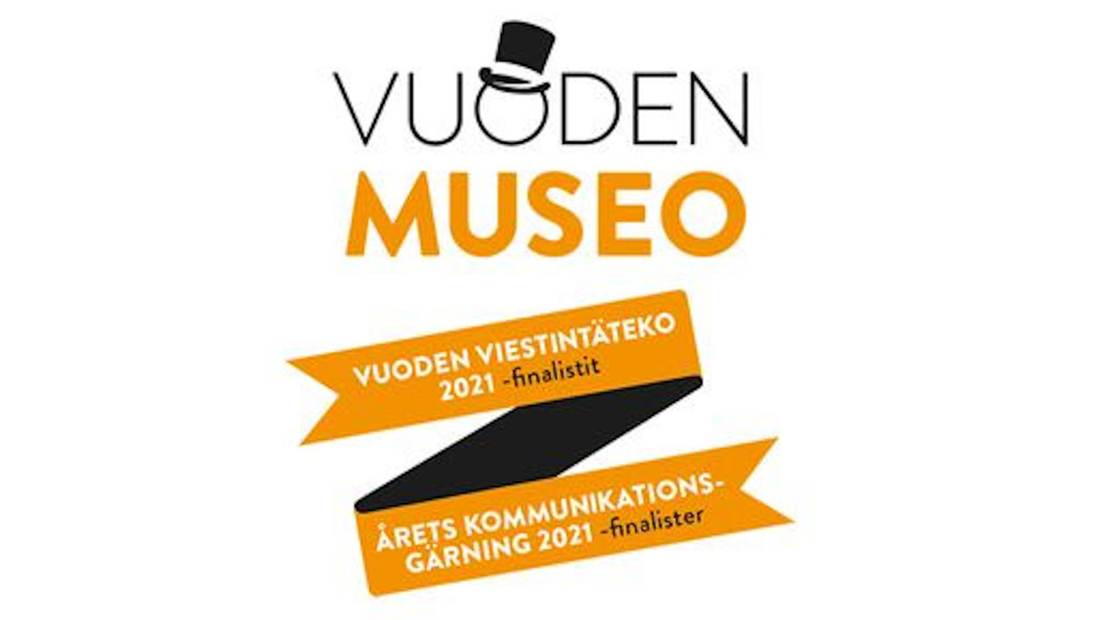 Kuvassa on Vuoden museo -tunnus ja siinä lukee tämän lisäksi Vuoden viestintäteko 2021 finalistit ja Årets kommunikationsgärning 2021.