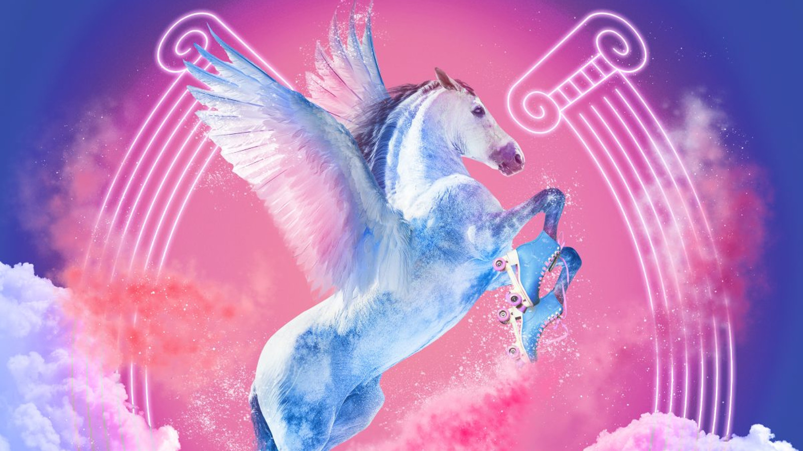 Kuvassa on vaalean puna-sininen hevonen sivusta ja se lentää. Hevosella on rullaluistimet etukavioissaan roikkumassa. 