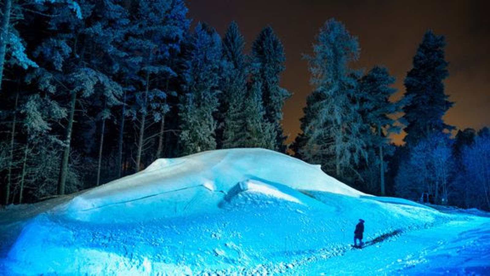 Kuvassa on taustalla sini-vihreällä valaistua mäntymetsää.  Edessä on lumiveistos, jossa on hiukan sinisellä valaistu makaava sinivalas ja se on ison lumikasan päällä. Oikealla alhaalla seisoo yksi ihminen.