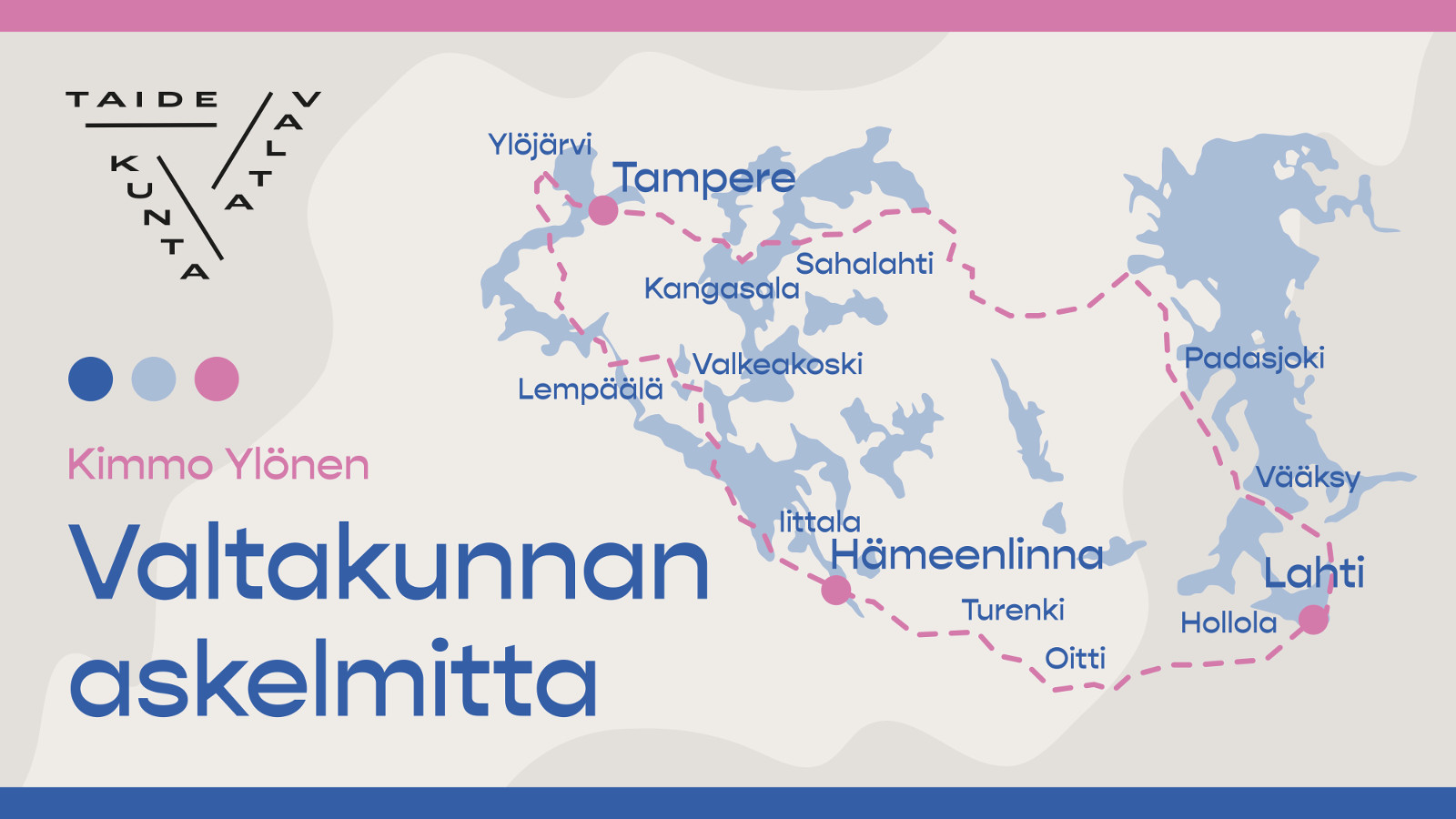 Kuvassa on vasemmalla alhaalla teksti Valtakunnan askelmitta ja kartta, jossa on Hämeen paikkakuntia sekä reitti.