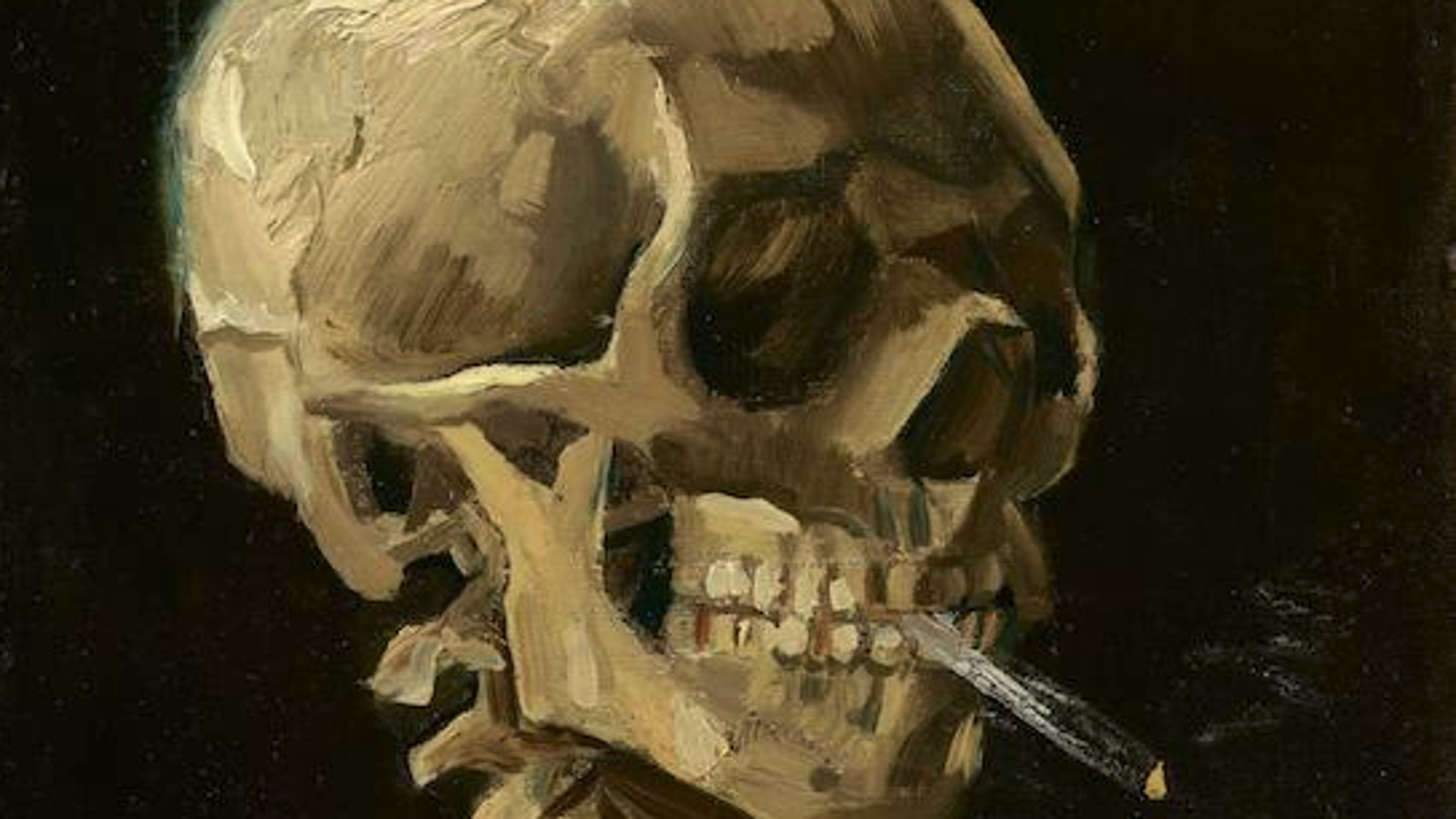Kuvassa on kellertävällä maalattu luurangon pää, jolla on tupakka suussaan. Tausta on musta.