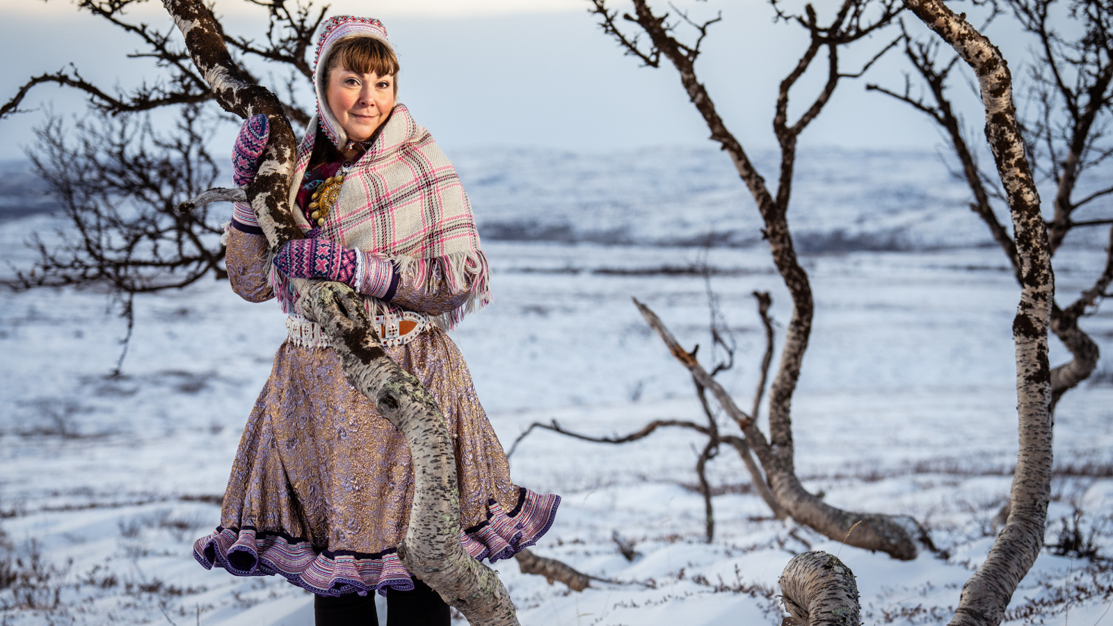 Kuvassa on Anna Näkkäläjärvi-Länsman Lapin puvussa, jossa on vaalean harmaa puolihame ja hartioilla vaalearuudullinen huivi.  Päässä on Lapin vaalean harmaa hattu. Hän pitelee visakoivusta kiinni. Taustalla on lumista Lapin maisemaa ja etualalla kolme visakoivua.